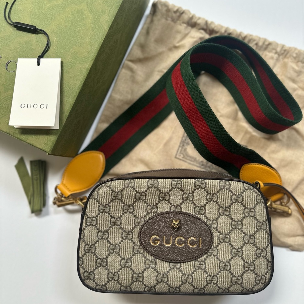 Gucci Beige and Brown Crossbody Bag with Green and Red Strap